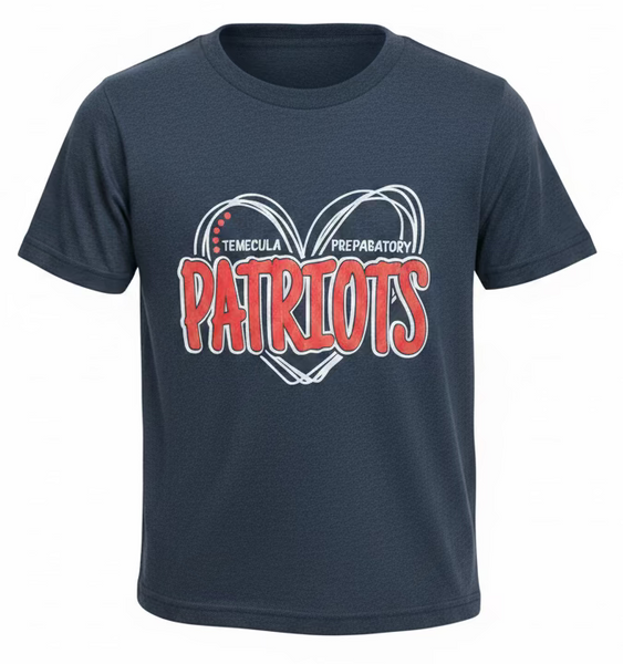 Temecula Preparatory Patriots glitter heart spirit shirt in navy – bold red hand-drawn heart graphic with "Patriots" lettering on soft triblend tee