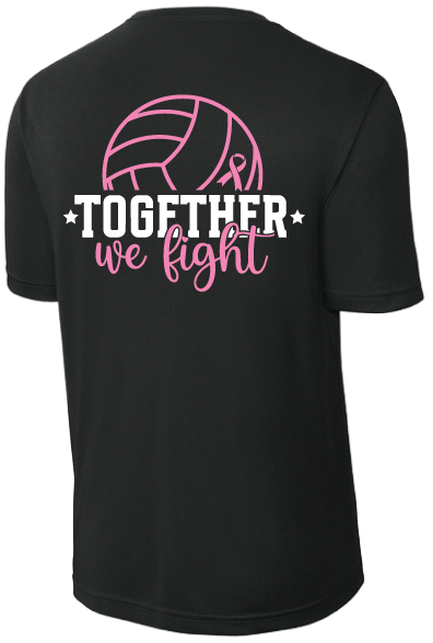 Black Estancia High School October T-shirt with a pink volleyball awareness ribbon, volleyball and Together We Fight text.