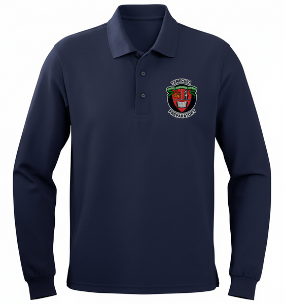Navy TPS long-sleeve polo shirt on a ghost mannequin with embroidered crest