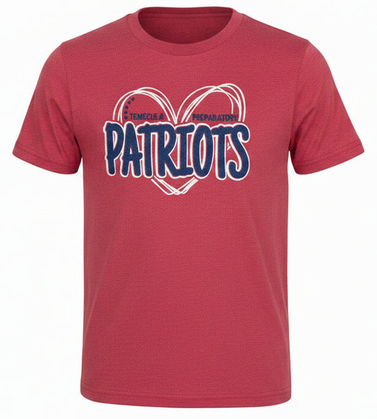 Temecula Preparatory Patriots glitter heart spirit shirt in red – bold red hand-drawn heart graphic with "Patriots" lettering on soft triblend tee