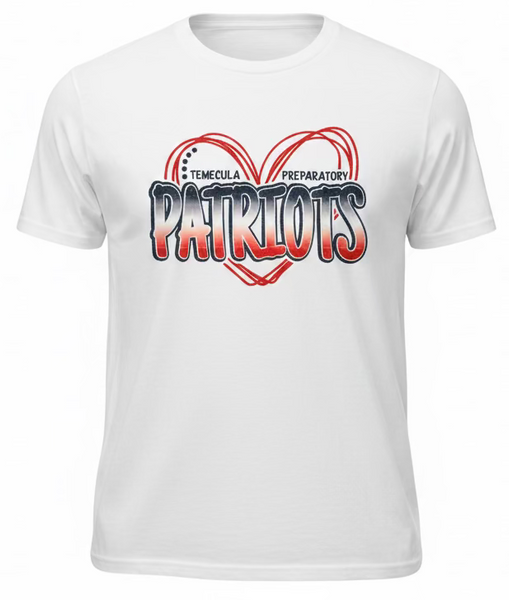 Temecula Preparatory Patriots glitter heart spirit shirt in white – bold red hand-drawn heart graphic with "Patriots" lettering on soft triblend tee